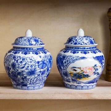 中式復古陶瓷將軍罐青花瓷茶葉罐儲罐家用客廳落地帶蓋擺件禮盒裝