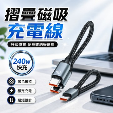 編織磁吸快充線 摺疊磁吸快充 240W 傳輸充電線 充電線 iPhone/Type-C 鋁合金 耐拉耐折 1J109