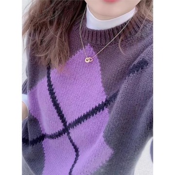 歐貨重磅早秋2025新款圓領紫色拼接針織毛衣長袖女裝高級感上衣潮