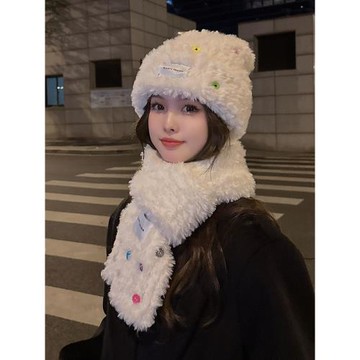 韓版白色保暖加厚圍巾女秋冬毛絨絨彩色紐扣毛線防寒帽子圍脖一體