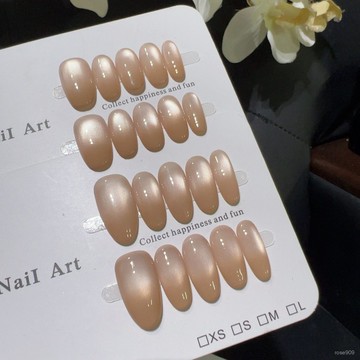 ➕最新設計款穿戴甲💅【淺茶琉璃】僊氣精緻溫柔係淺裸色貓眼美甲貼片顯白長款穿戴美甲短橢圓穿戴甲 H9YN