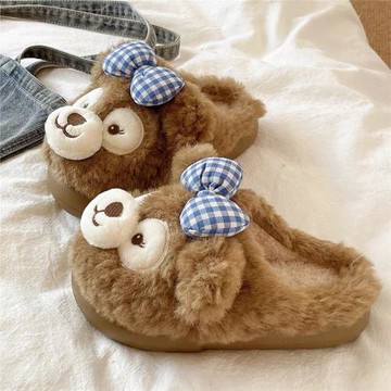 厚底棉拖鞋女冬季可愛蝴蝶結小熊包頭防滑室內居家毛絨保暖月子鞋