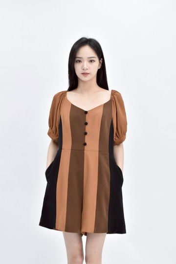 (L) marjorie高腰質感短袖條紋棕色連身裝