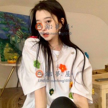 2022新款泡泡袖T恤女春裝甜美 立體小花設計感寬松短袖上衣【淘夢屋】