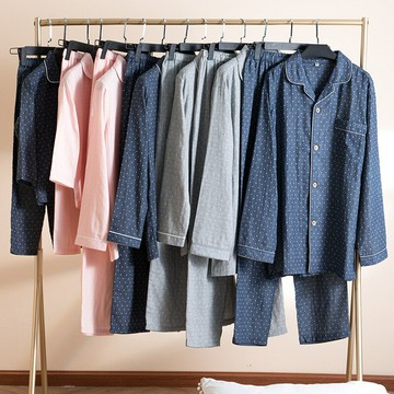 春秋純棉提點雙層紗親子情侶款男女長短袖長褲睡衣家居服套裝批發鑫弘-衣錦男裝