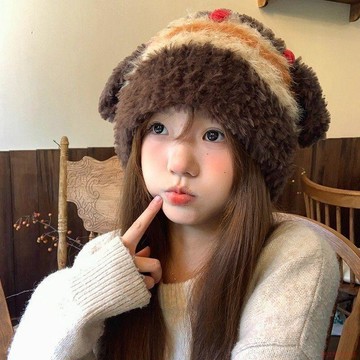 甄選好物🌈韓系可愛小羊耳朵毛絨帽女秋冬2025新款毛茸茸帽子保暖護耳針織帽