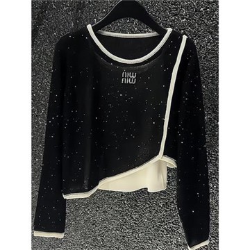 高級感長袖針織衫女2025秋裝新款黑色寬松顯瘦短款不規則上衣