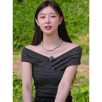 單身即地獄4李時安同款條紋一字領露肩T恤女修身純欲性感減齡上衣