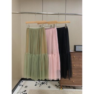 拼接撞色網紗半身裙2024新款春秋a字高腰中長款百搭學生大擺紗裙