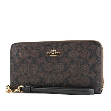 COACH 緹花LOGO防刮皮革手掛式拉鍊長夾-咖啡黑