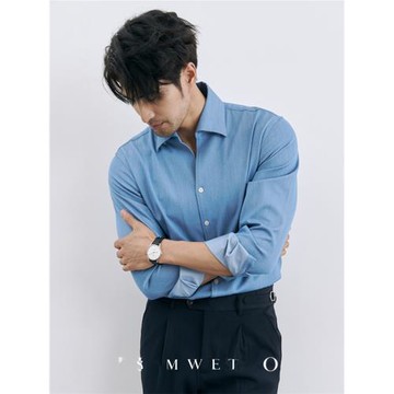 意式雅痞型男 半開一片領襯衫商務紳裝高級感休閑免燙藍色襯衣男