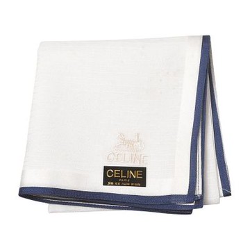 CELINE 白底藍邊馬車刺繡圖騰字母LOGO帕巾(48CM)