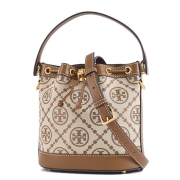 TORY BURCH 專櫃款 緹花LOGO織布拚皮革手提/斜背二用水桶包-榛果棕/中