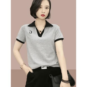 2025夏新款polo衫翻領短袖t恤女短款上衣V領純棉體恤修身漂亮小衫