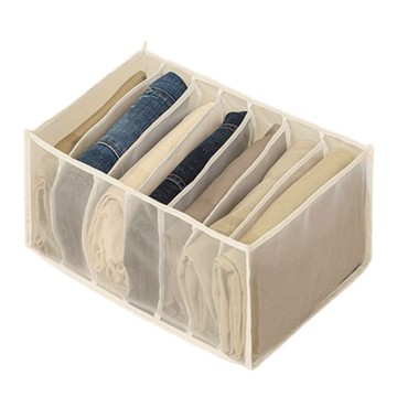 葉子小舖 透視櫃子衣褲收納盒 分隔網紗7格款 大 米色  1個