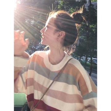 彩虹條紋毛衣女秋冬歐貨新款慵懶風小個子圓領撞色短款針織衫上衣
