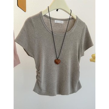 (免運)燕麥色miu系圓領褶皺收腰冰絲針織短袖T恤女夏季絕美小眾修身上衣