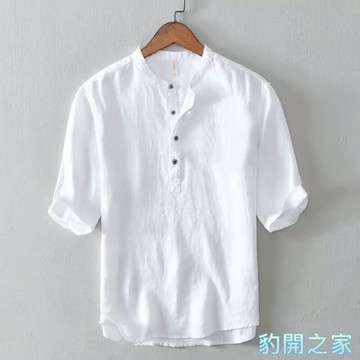 【豹開之家】M-8XL半開襟立領亞麻短袖襯衫男 oversize 加大尺碼短t 素色五分袖襯衫 日常通勤薄款上衣C128