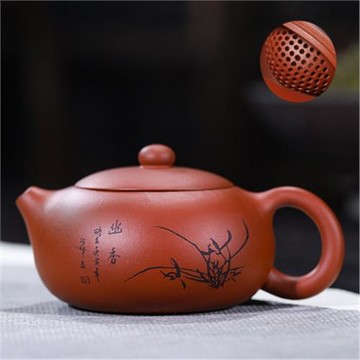 宜興紫砂壺原礦清水泥刻香蘭扁西施240毫升全手工茶壺證書