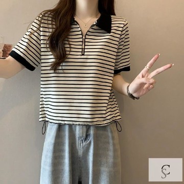 【XL-8XL大尺碼】👩短袖t恤 大尺碼上衣 條紋短袖300斤大碼女裝polo領洋氣小衫短袖t恤夏季胖mm半拉鍊抽繩條