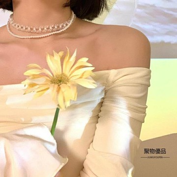 雙層疊戴珍珠項錬小眾設計鎖骨錬仙氣頸錬【聚物優品】