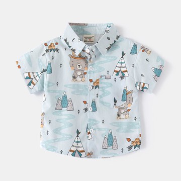 WELLKIDS - 純棉休閒翻領短袖襯衫-森林小熊