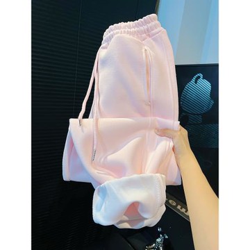 櫻花粉慵懶風薄款衛褲女春秋2025新款小個子加厚九分束腳運動褲子