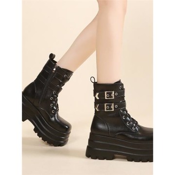 亞馬遜松糕底原宿厚底短靴搖滾暗黑哥特辣妹坡跟小眾黑色機車系帶