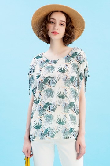 MW 圓領落肩抽繩印花雪紡上衣