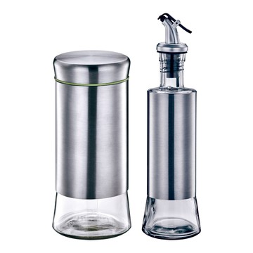 SUNB.W 秦博士 不鏽鋼玻璃油壺 + 玻璃密封罐組 高透明無重金屬玻璃 #430不鏽鋼材質  鏽鋼玻璃油壺 + 玻璃密封罐  1組