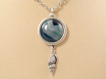 銀殼海洋藍綠瑪瑙航海海濱飾品吊墜項鍊
