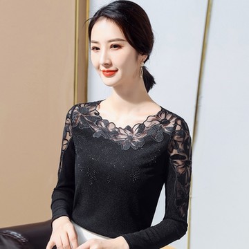 [巴黎精品] T恤長袖上衣-花朵蕾絲網紗燙鑽女裝2色a1fs8