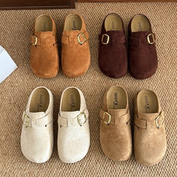 穆勒鞋．舒適一字帶金屬絨布圓頭厚底拖鞋．白鳥麗子