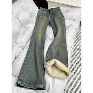 加絨牛仔褲 復古藍直筒褲 高腰顯瘦 秋冬新款 日韓休閒 微喇設計