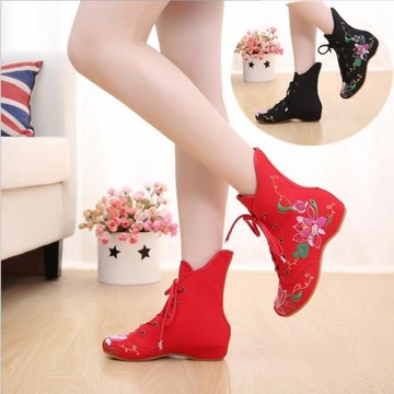 老北京女布鞋秋冬季新款時尚內增高繡花鞋民族風女鞋系帶高幫單靴