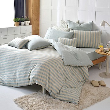 【Great Living格蕾寢飾】義大利La Belle 斯卡線曲 特大四件式色坊針織被套床包組-亞麻綠