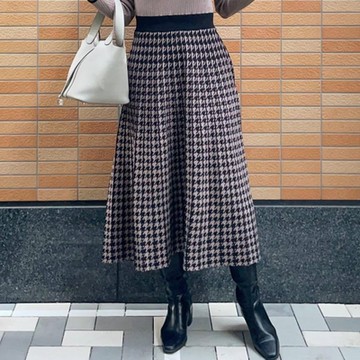 La Belleza時尚鬆緊腰千鳥格柔軟包芯紗針織長裙大擺裙