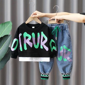 男童春秋套裝新款兒童春裝假兩件字母衛衣兩件套寶寶秋季網紅衣服