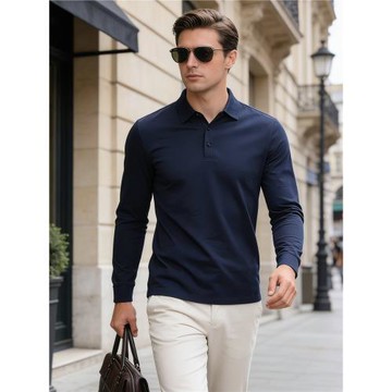 翻領polo衫男長袖修身春秋季純棉帶領高檔潮男裝上衣雙絲光棉t恤