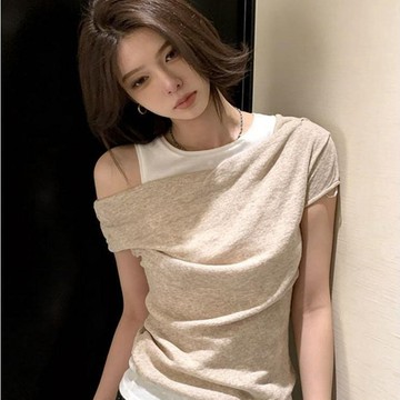 【小隻女】美式復古 假兩件上衣 拼接圓領 短袖T恤 設計感 顯瘦 休閒上衣 宽松上衣