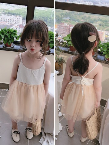 夏季新款 中小童氣質網紗拼接連衣裙 女童寶寶舒適系繩吊帶裙1入