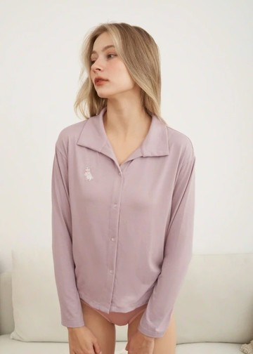 上衣_秋日晴空．襯衫式長袖睡衣(人魚粉紫-刺繡兔兔)