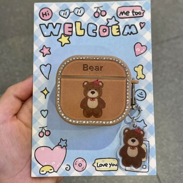 Bear方形閃鑽可愛棕熊 適用於airpods4代耳機保護套 1代/2代耳機殼 蘋果3代 Pro2耳機套 Pro3保護殼