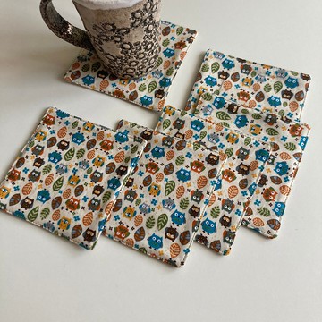 貓頭鷹杯墊 6 件套亞麻棉杯墊 11.5 x 11.5 厘米