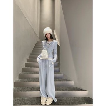 限時4折假兩件上衣闊腿長褲套裝女2024新款秋穿搭氣質顯瘦兩件套