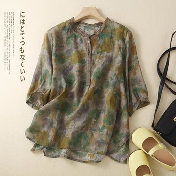 夏季2024新款文藝復古扎染印花苧麻襯衫女休閑減齡氣質寬松襯衣潮