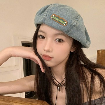 藍色牛仔貝雷帽女春秋款大頭圍韓系甜酷蓓蕾帽子顯臉小休閑畫家帽