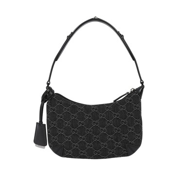 GUCCI Horsebit GG Logo 牛仔布窄版彎月肩背包/黑色