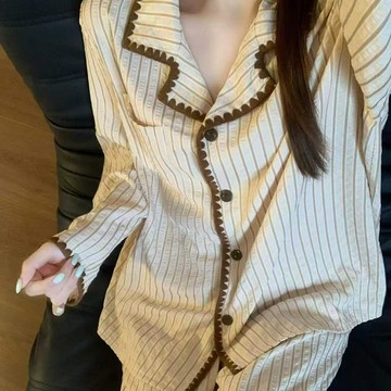 可可裡🌺早秋新款復古撞色條紋睡衣女慵懶風簡約休閒長袖套裝家居服可外穿