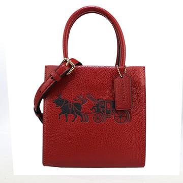 COACH 新年牛車荔枝紋皮革手提斜背兩用包(迷你/紅)